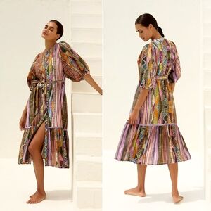 NWT, Anthropologie, Ro's Garden Flirty Belted Mixed Print Midi Dress